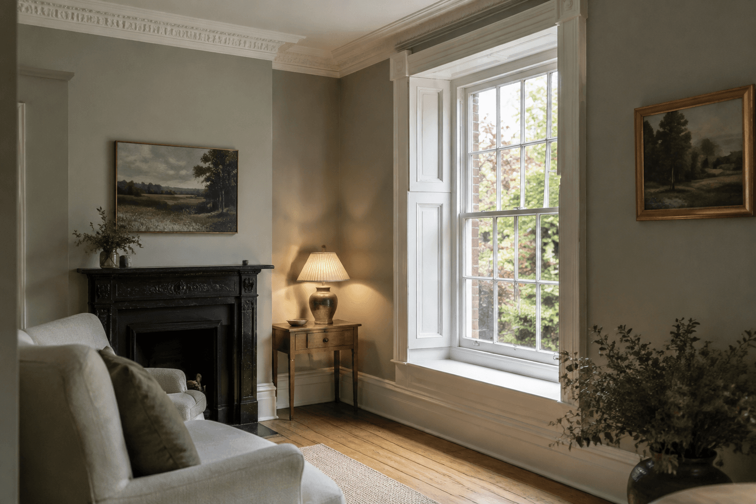 softly lit period-style living room with fresh sage walls and white timber trim