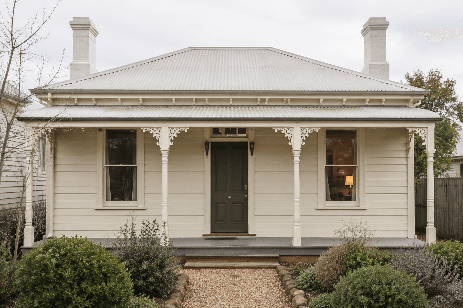 cream-painted Tasmanian cottage with original timber details and a small garden